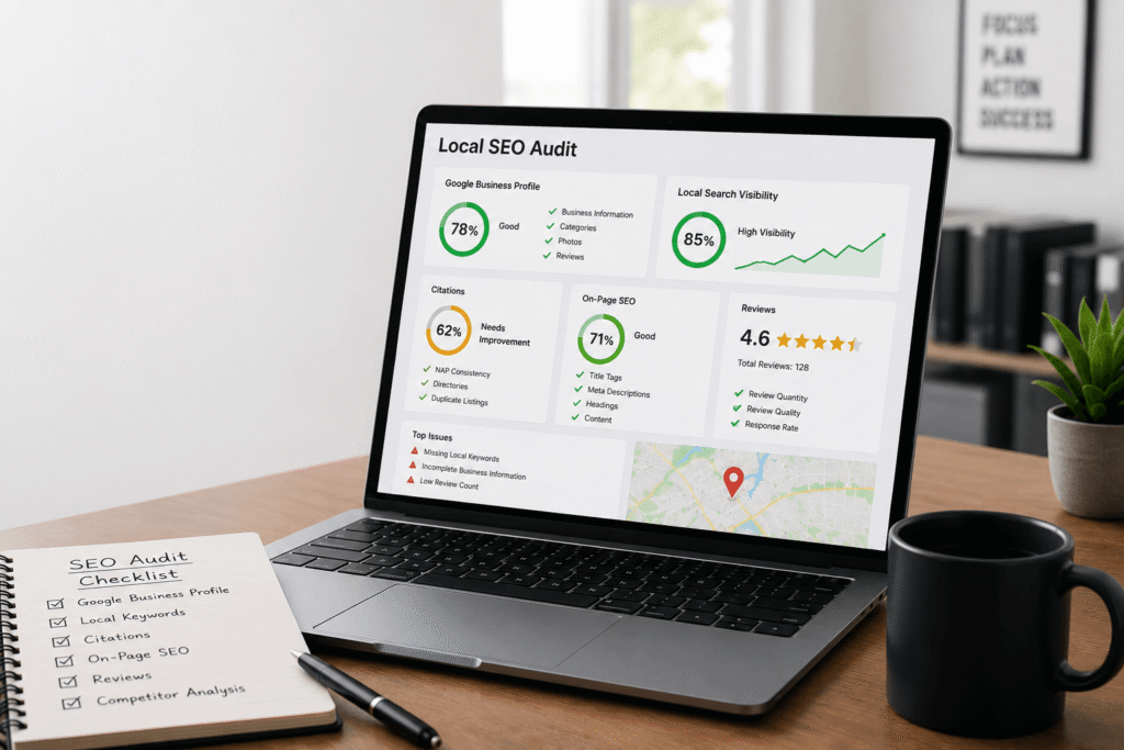 Professional Local SEO audit workspace with a laptop displaying an SEO dashboard for Google Business Profile and local search optimization.