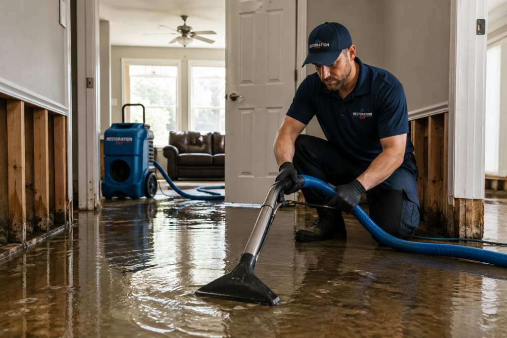 Restoration technician removing floodwater inside a flooded property for a water damage restoration company